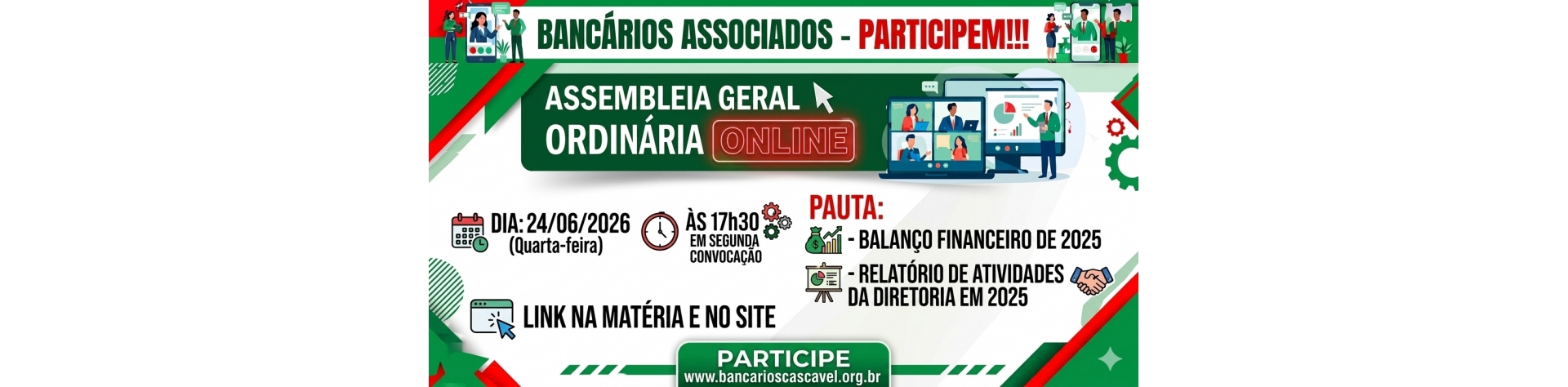 Assembleia Geral Ordinária 24/6/2026 às 17h30 Online - Balanço Financeiro de 2025 - Bancários associados - Participem!!!