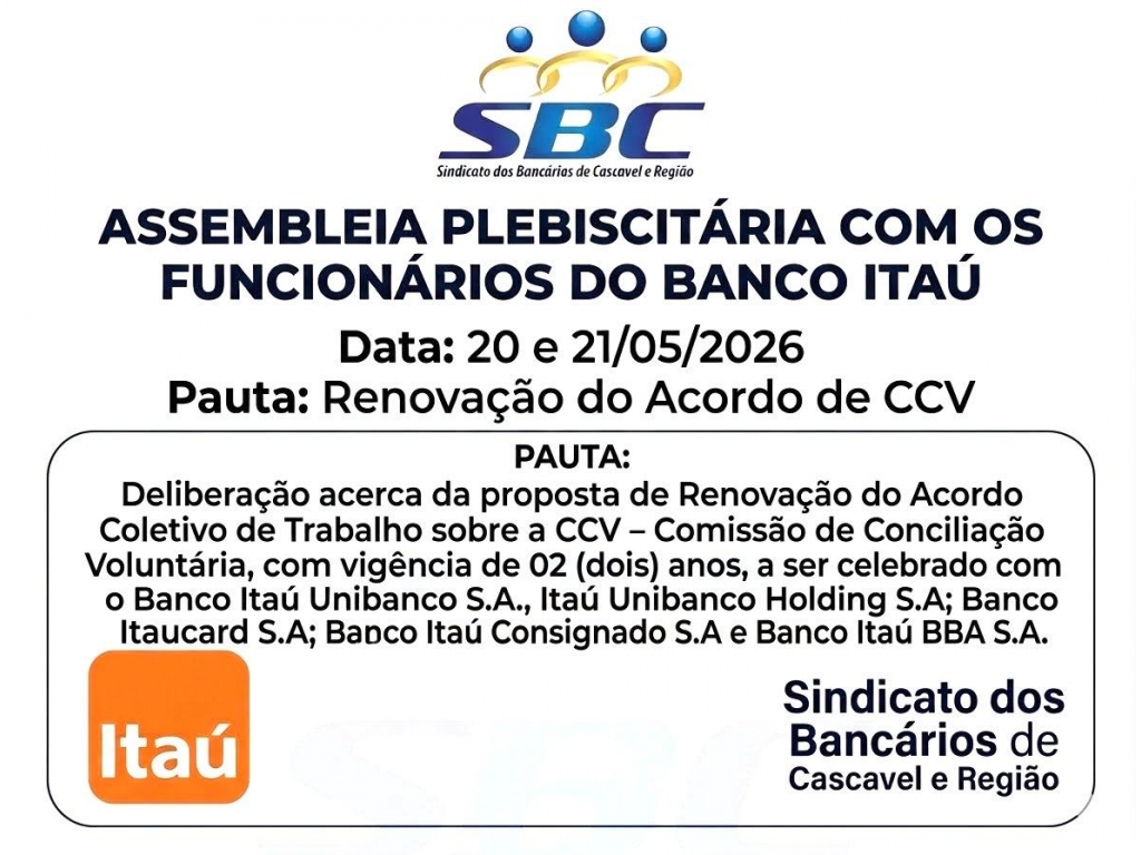 Sindicato de Cascavel convoca assembleia plebiscitária sobre ACT CCP Itaú 2026/2028